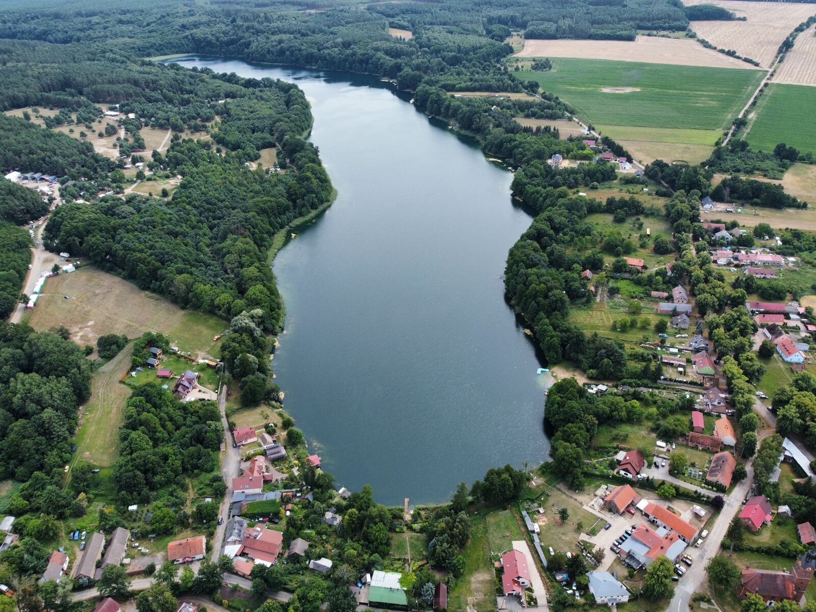 Aerial view of Lake Wielicko at Garbicz village, Poland, where Garbicz Festival is held.