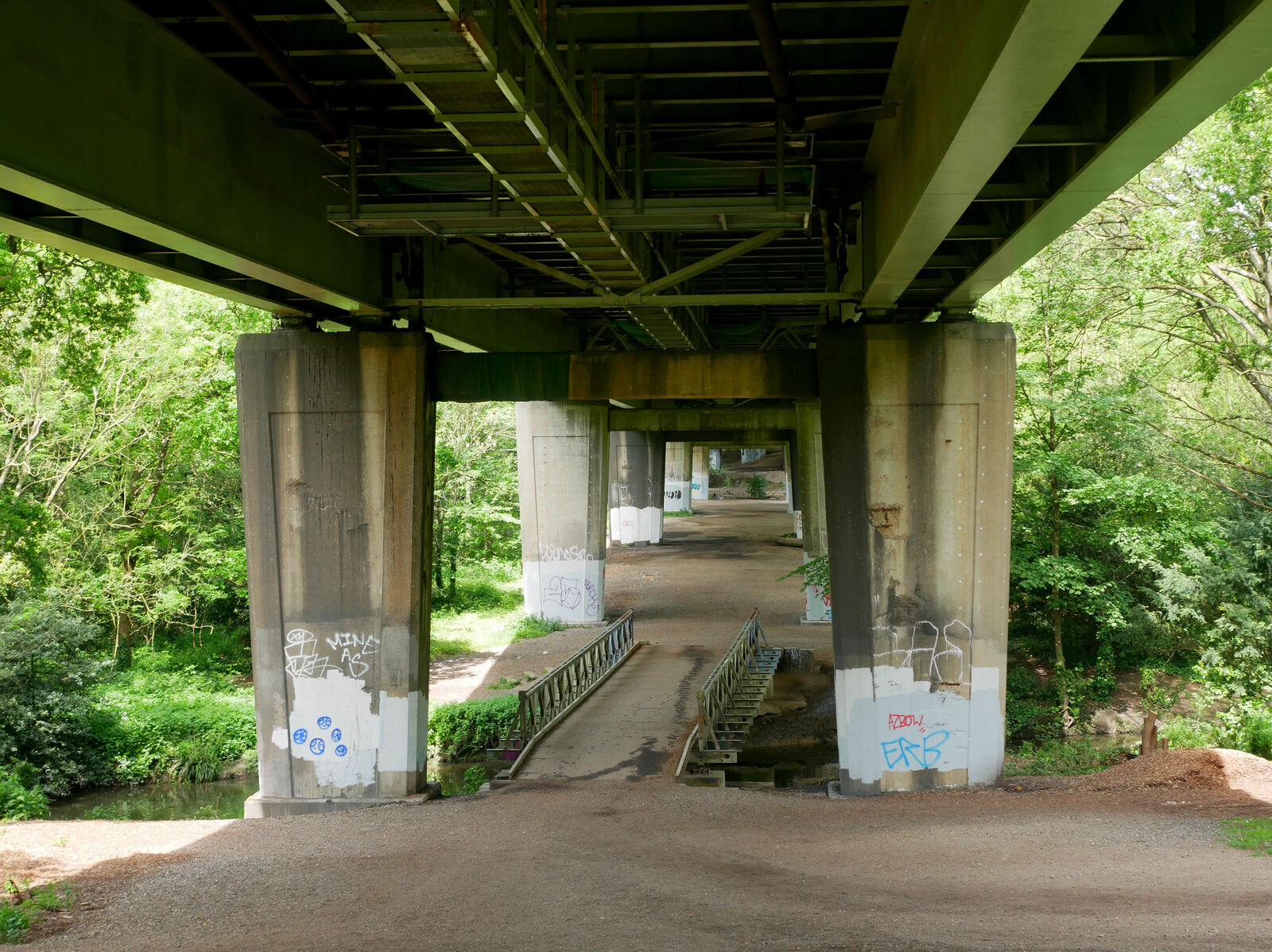 The underside of the M4 flyover as it crosses Boston Manor Park in Brentford, London, the site of Junction 2's Bridge stage.