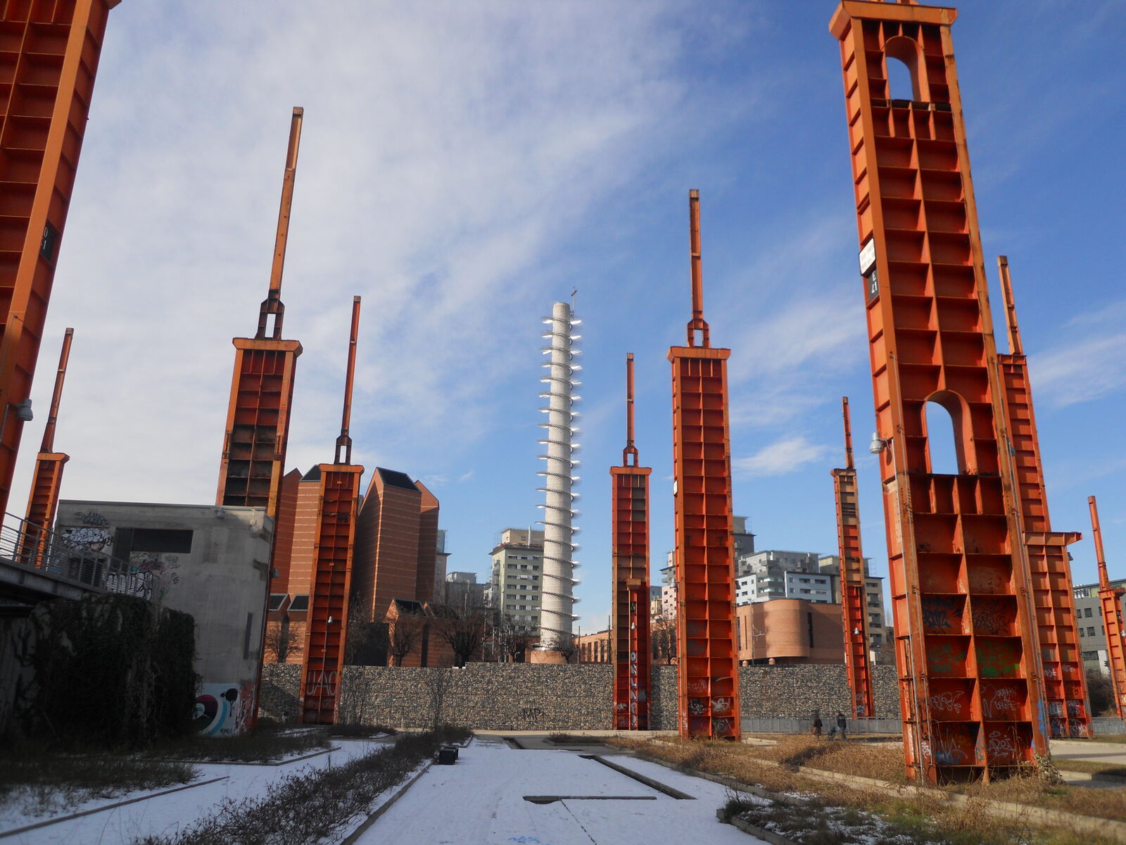 The orange industrial support towers of Parco Dora's Vitali lot in Turin, the site of Kappa FuturFestival.