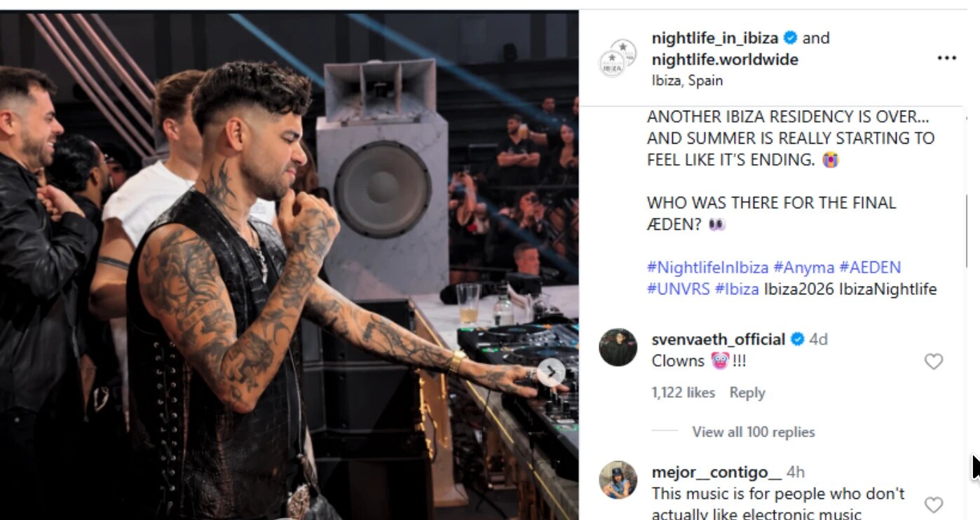 Screenshot of an Instagram post from nightlife_in_ibiza marking the end of Anyma's AEDEN residency, with Sven Väth's official account replying "Clowns"